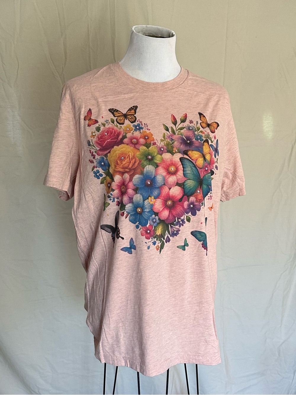 Bella Canvas Dusty Pink Crewneck Tee Ginsey Rose floral butterflies heart peach